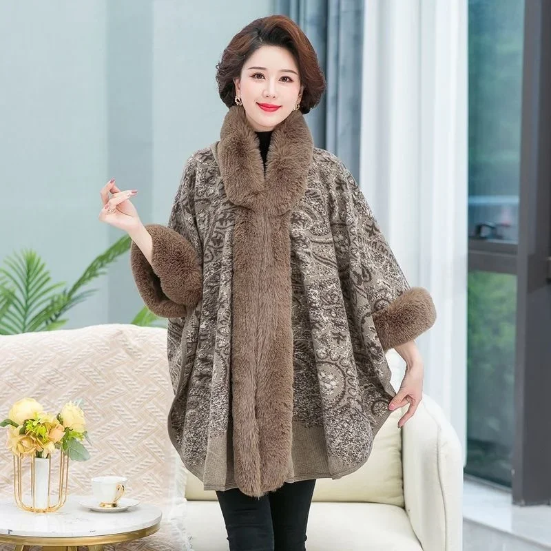 

Шаль с капюшоном, женский осенне-зимний модный вязаный накидка с меховым воротником, женское теплое пончо с рукавами «летучая мышь», женское 2024