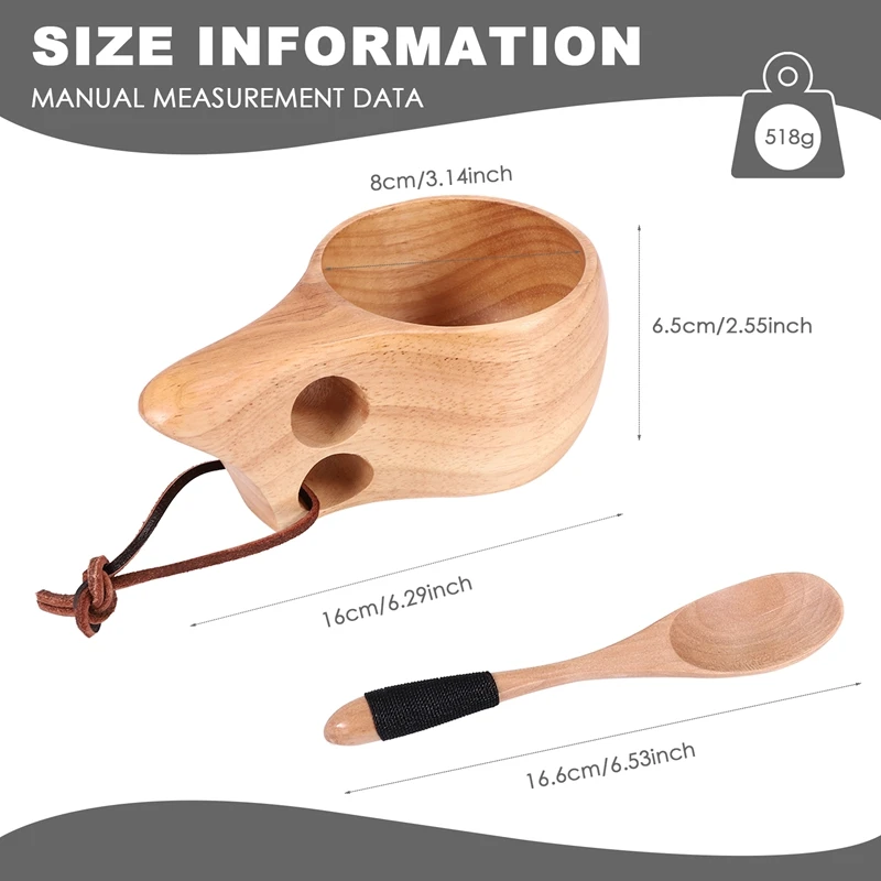 2Pack Nordic Style Wooden Cup Kuksa Cup Portable Outdoor Camping Drinking Mug Wooden Coffee Cup With Wooden Spoon