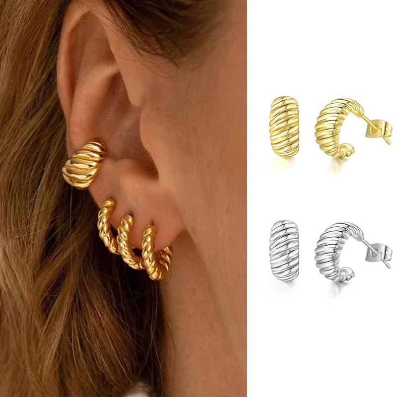 Korean C Shape Hoop Earrings For Women Simple Gold Color Chunky Twist Croissant Huggie Earings Trendy Jewelry Accessories Gift