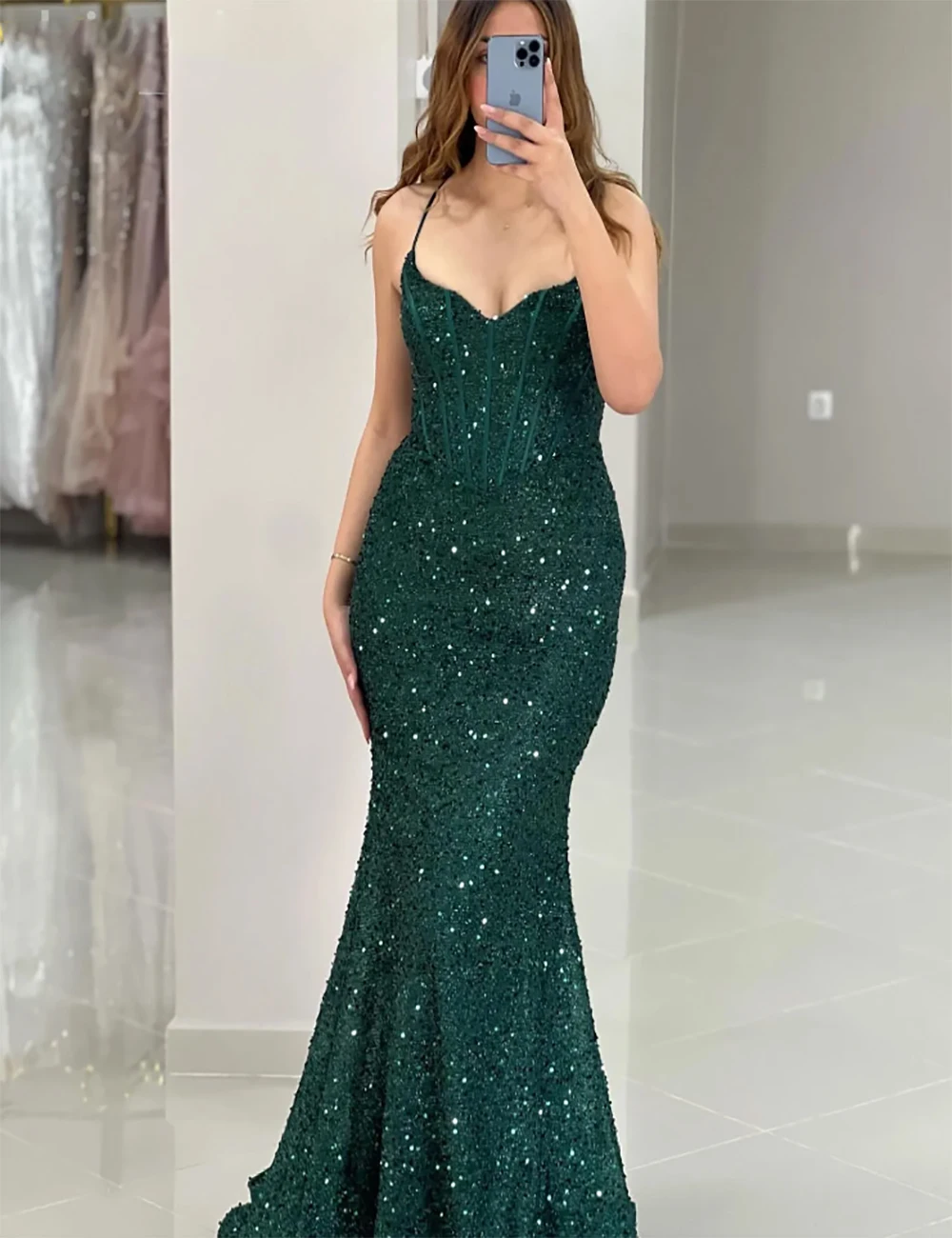 Dark Green Lace Simple Evening Formal Party  Mermaid Prom Dress Sequined Second Reception 50th Birthday Engagement Gowns Dresses