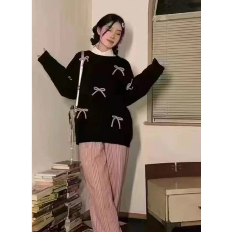 Pull rose avec nœud au dos, nouveau Style, automne et hiver, tricoté au dos, style coréen, à la mode et doux, haut de Style français