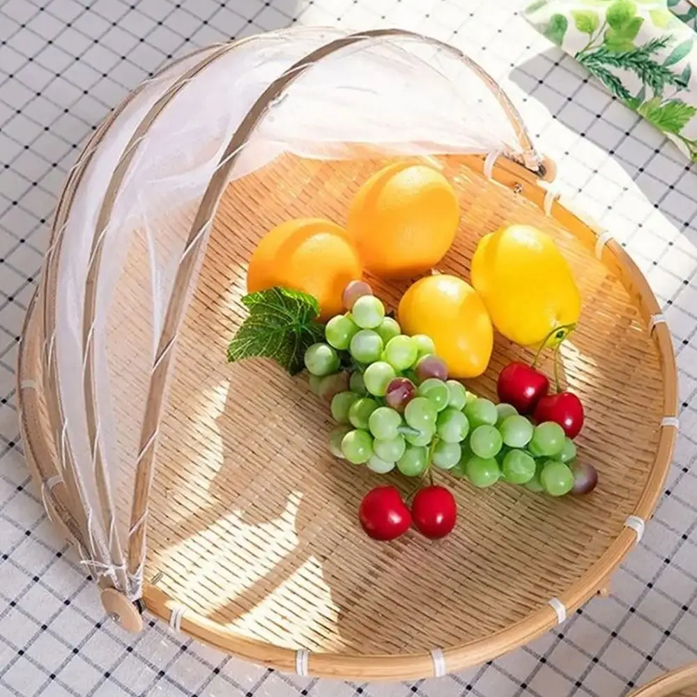 Bamboo Hand-Woven Tent Basket Anti-insect Dustproof Basket Food Serving Tent Basket Fruit Vegetable Tray Mesh Drying Dustpan