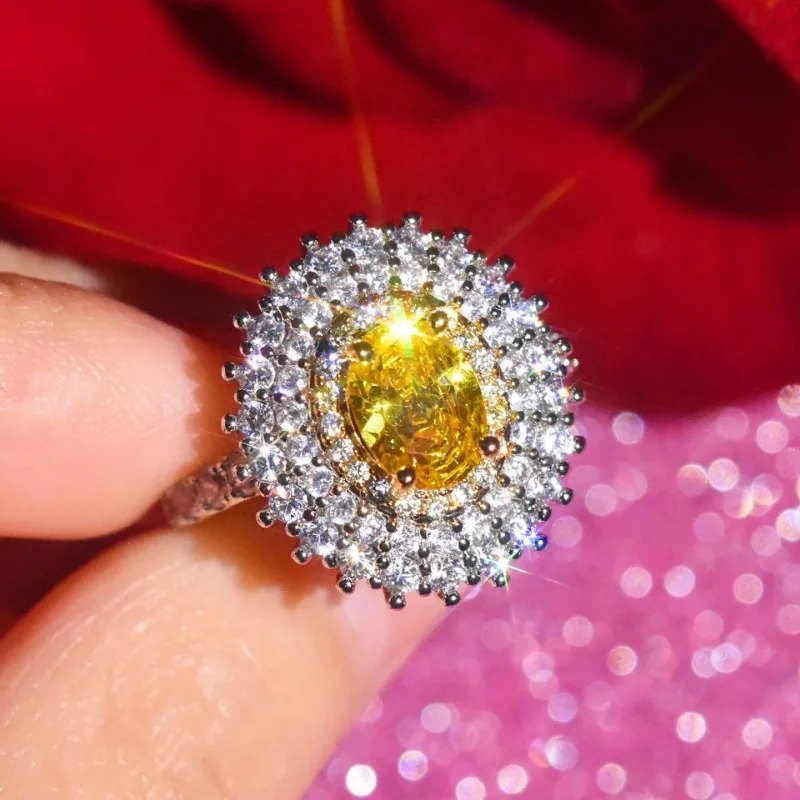 Cincin pertunangan empat cakar zirkon kuning Oval perak murni 925 cincin pesta ulang tahun wanita penuh berlian