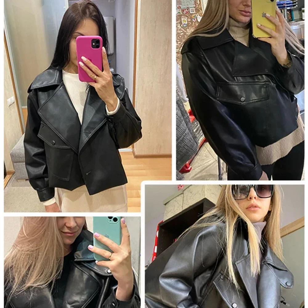 2024 New Fashion Spring Women Faux Leather Jacket Biker Coat Turndown Collar PU Motorcycle Jackets Loose Streetwear Outerwear