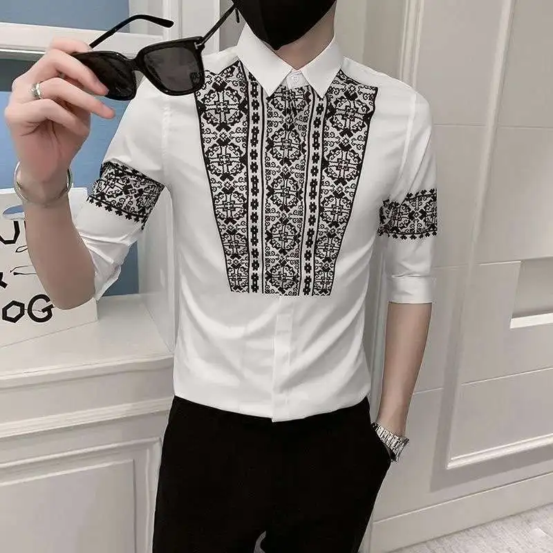 Summer New Men\'s Contrast Color Polo-Neck Single-breasted Printed Classic Business Slim Half Sleeve Casual Comfortable Shirt Top