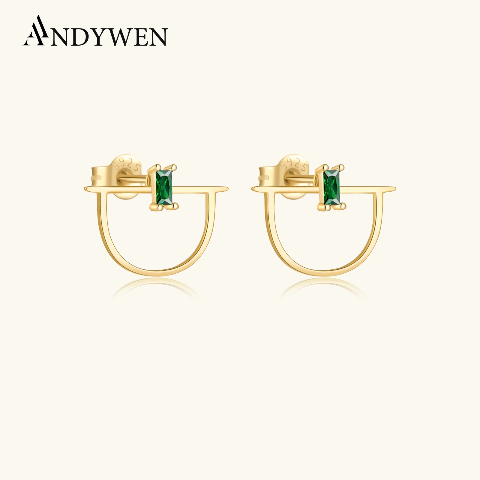 

Серьги-гвоздики для пирсинга ANDYWEN, серебристые, золотистые, зеленые, с фианитами, роскошные весенние ювелирные украшения 2024