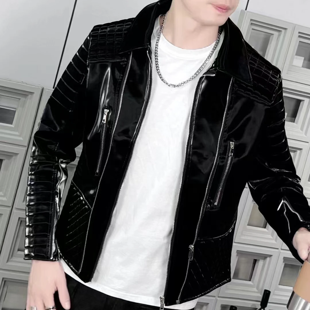 2024 Fall Men Lapel  Coat Male Punk Faux Leather Jacket For Men Motorcycle Clothes High Quality European Men Slim Jacket