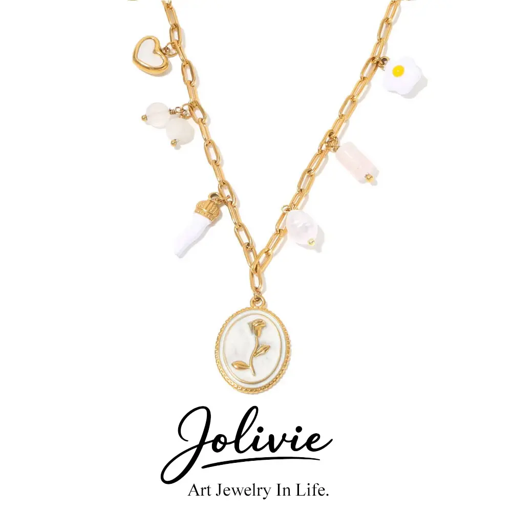 Jolivie Trendy Natural Stone Rose Flower Necklace For Women's Stainless Steel Enamel Pendant Necklace Party Vintage Jewelry