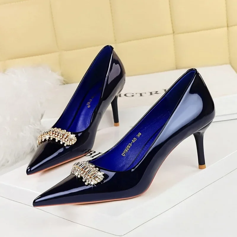 

BIGTREE Women Fashion Shoe Sexy Women Pumps Ankle Pointed Toe Wedding Rhinestone Patent Leather 7CM Thin Heels Dress Woman Shoes