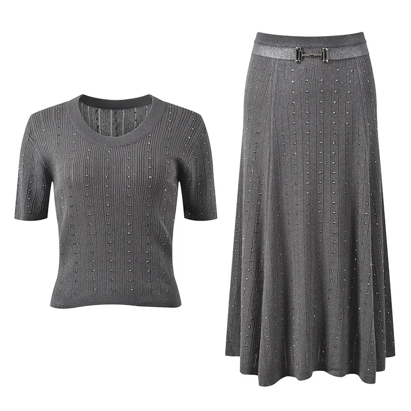 

High-End Version European Sle Heavy-Du Slim Fit ort Sve Open Cardigan Top f-Skirt Two-Piece Set Faionable Women...