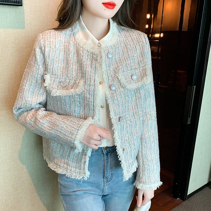 

Small Fragrance Casual Short Coat Female Autumn New Loose Long Sleeve Simple Korean Elegant Tassel Slim Tweed Women Jacket 1544