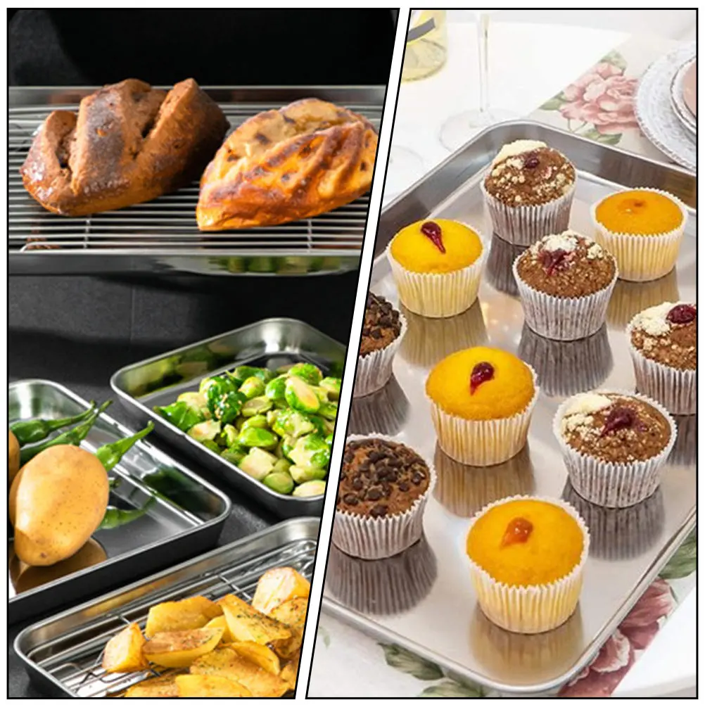 

1 Set Stainless Steel Baking Tray Cooling Rack Cake Drying Storage Plate Dishwasher Safe Multifunctional Kitchen Gadget