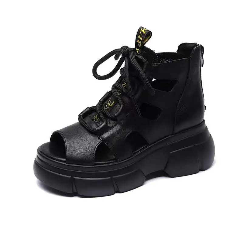 2024 bocca di pesce di alta qualità morbida pelle PU e pelle bovina estate scarpe romane sandali donna piattaforma aumentare scarpe zeppe sandali