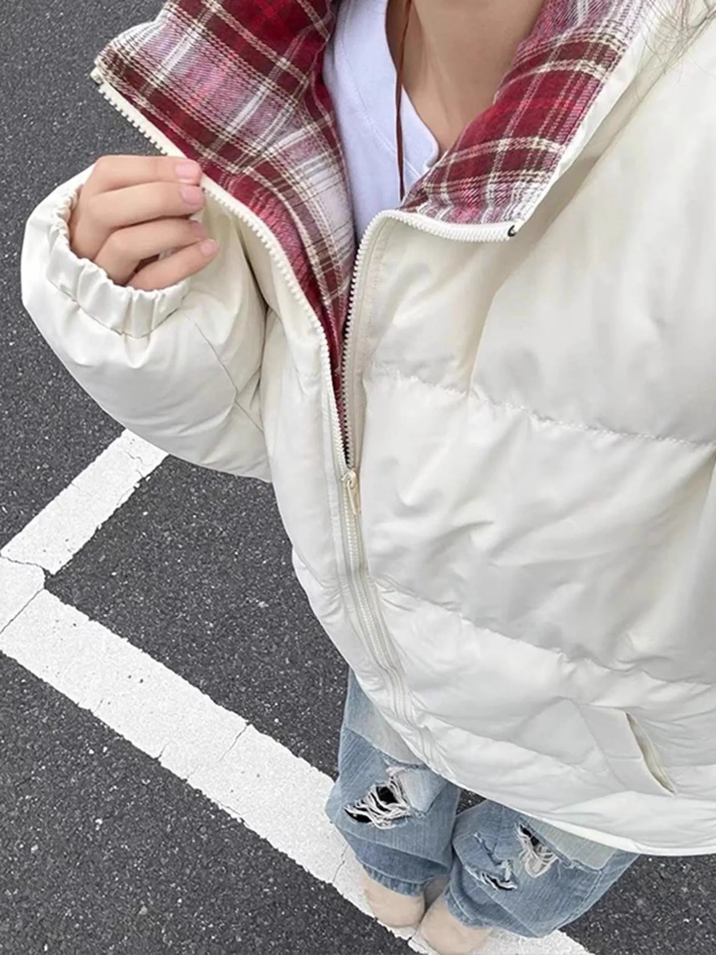 

Thiened клетчатое хлопковое пальто для пар, зимнее теплое молодежное пальто свободного покроя, длинное пальто на молнии све