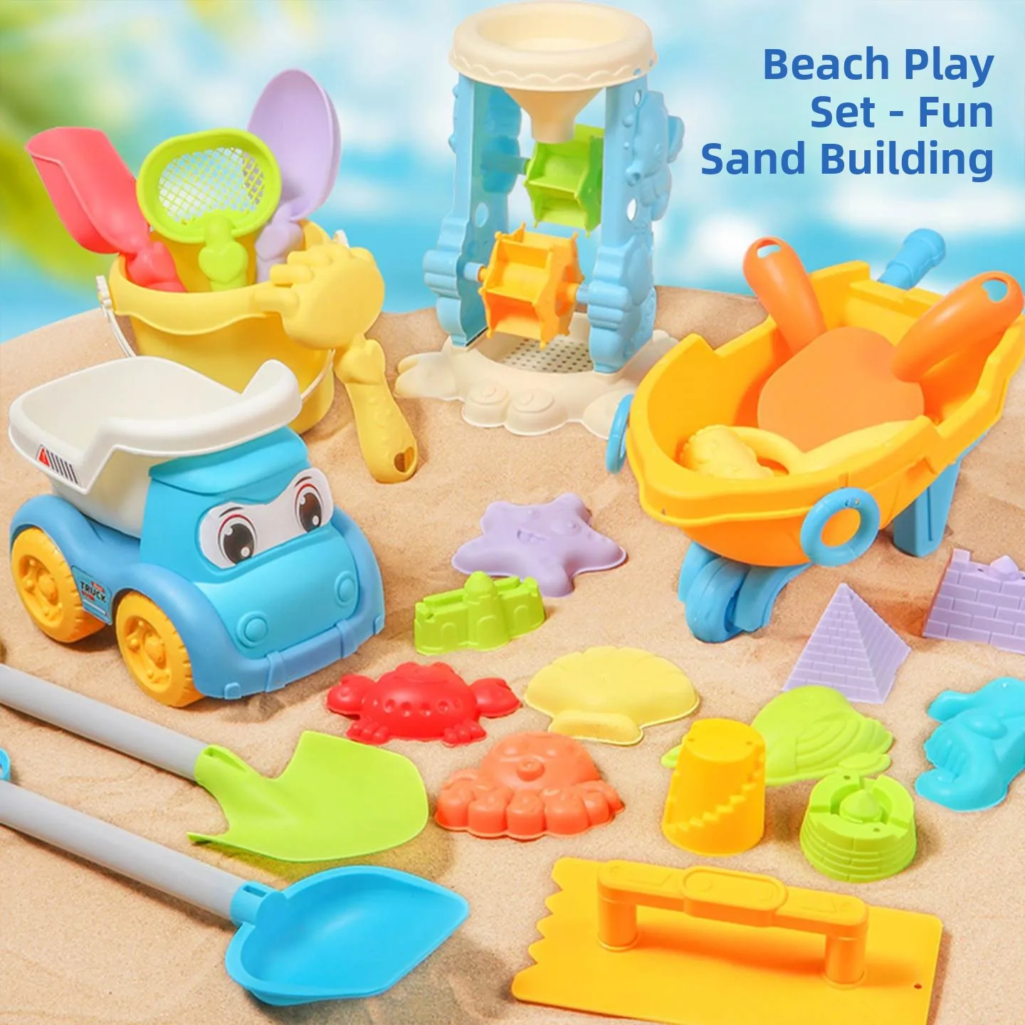 

Детский пляжный набор для игр: машинка, лопатка для песка, ложка для песка, песочные часы, ведерко. Для детских пляжных развлечений.