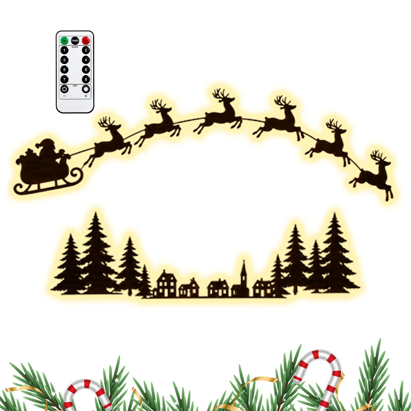 Lighted Santa Sleigh Reindeer Christmas Wall Decor Remote Set,Warm White Glowing, Wooden Cutout Design, Flexible Layout