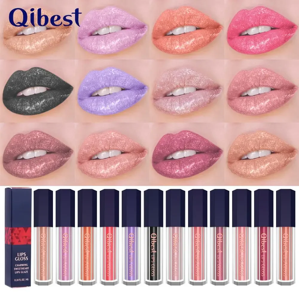 Heallor qibest ลิปสติกทนนานแวววาวของเหลวประกายเพชร12สีไม่ติดลิปกลอสมันเงือกกันน้ำริมฝีปากระยับ