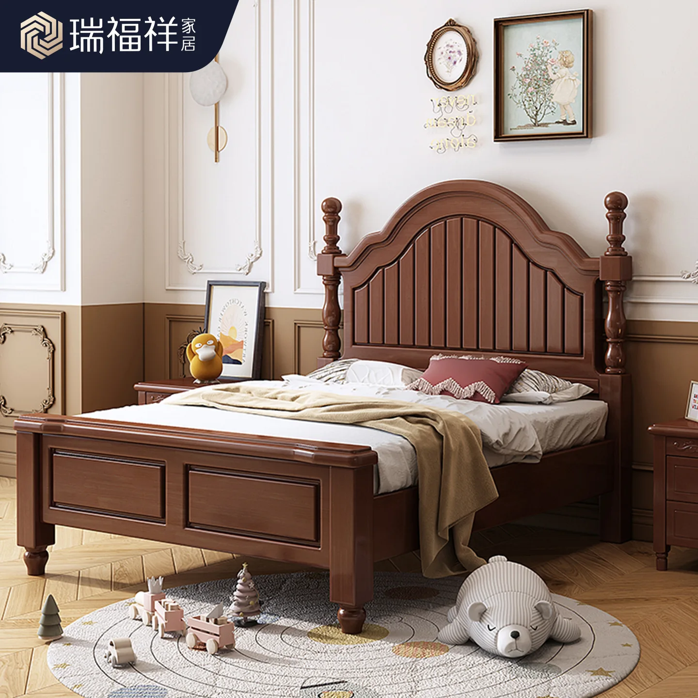 Letto per bambini in mogano americano completamente in legno massello, letto singolo semplice