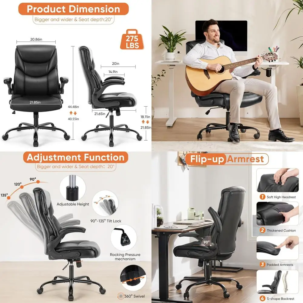 

Ergonomic High-Back Office Chair with Flip-Up Arms, Adjustable Height, PU Leather, Inky Black