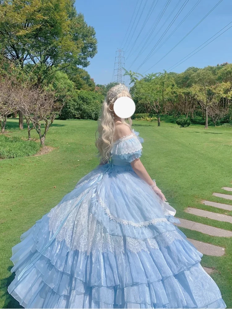 Blaues Feen-Maxikleid für den Sommer, schmal geschnitten, elegantes, schweres Blumen-Hochzeitskleid für Mädchen, süßes, schulterfreies Lolita-Prinzessinnenkleid