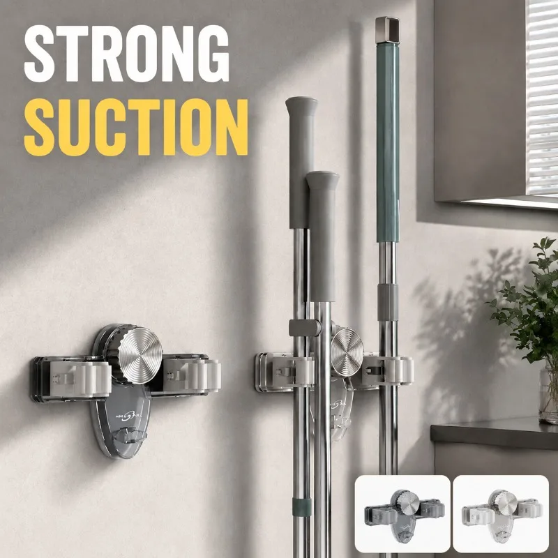 Suction Cup Mop Holder Hook Drill‑free Wall‑mounted Household Storage Rack Removable Bathroom Organizer Gripping Cleaning Tools
