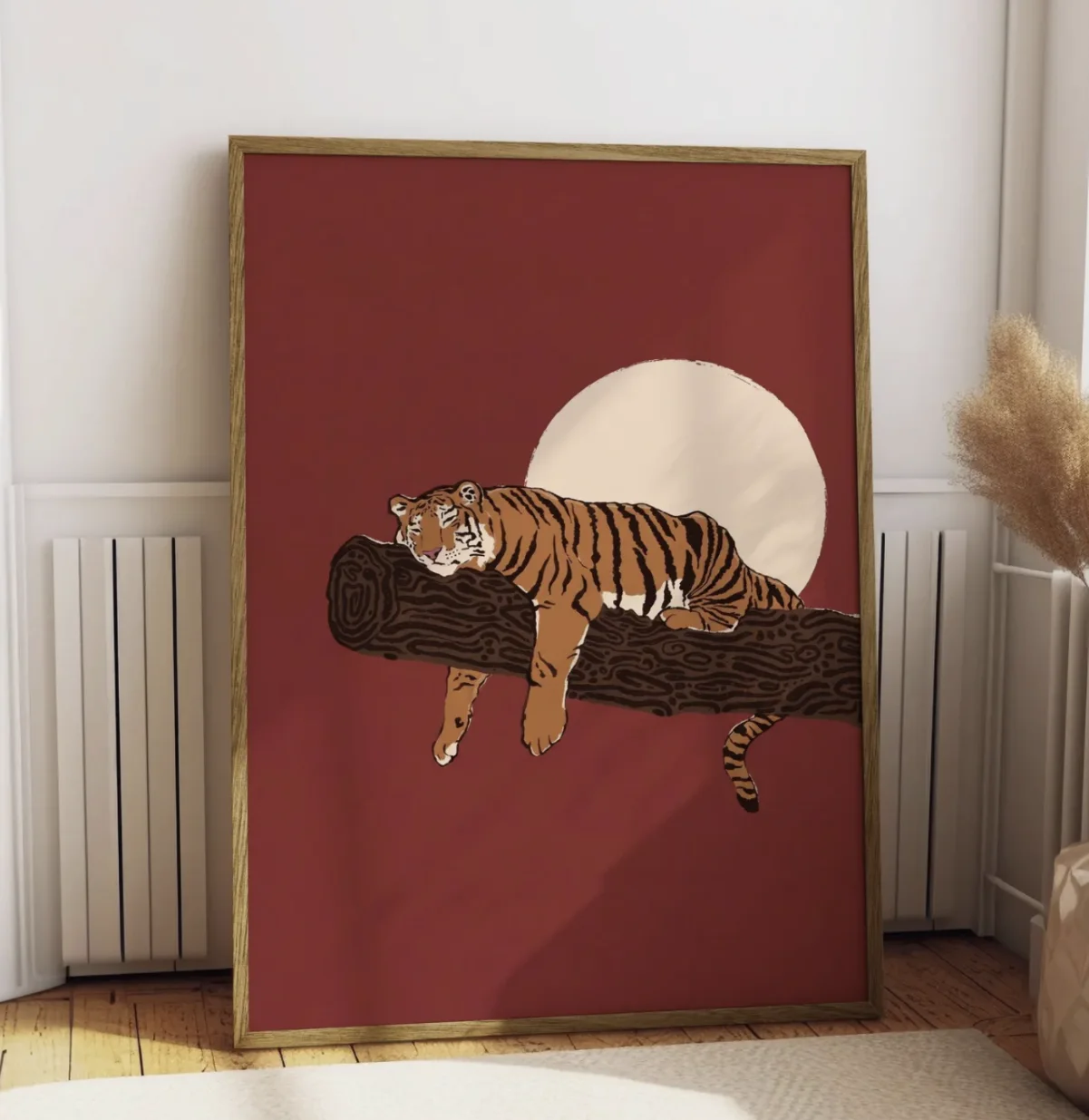 Red Background Sleep Tiger Canvas Print, Boho Animal Sun Wall Art Poster, Decor for Living Room, Bedroom, Entryway, Study