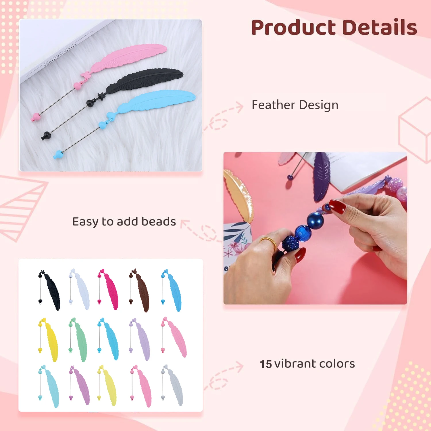 15Pcs DIY Beaded Feather Bookmark - Creative Cartoon Page Holder, Student Reward Gift for Readers