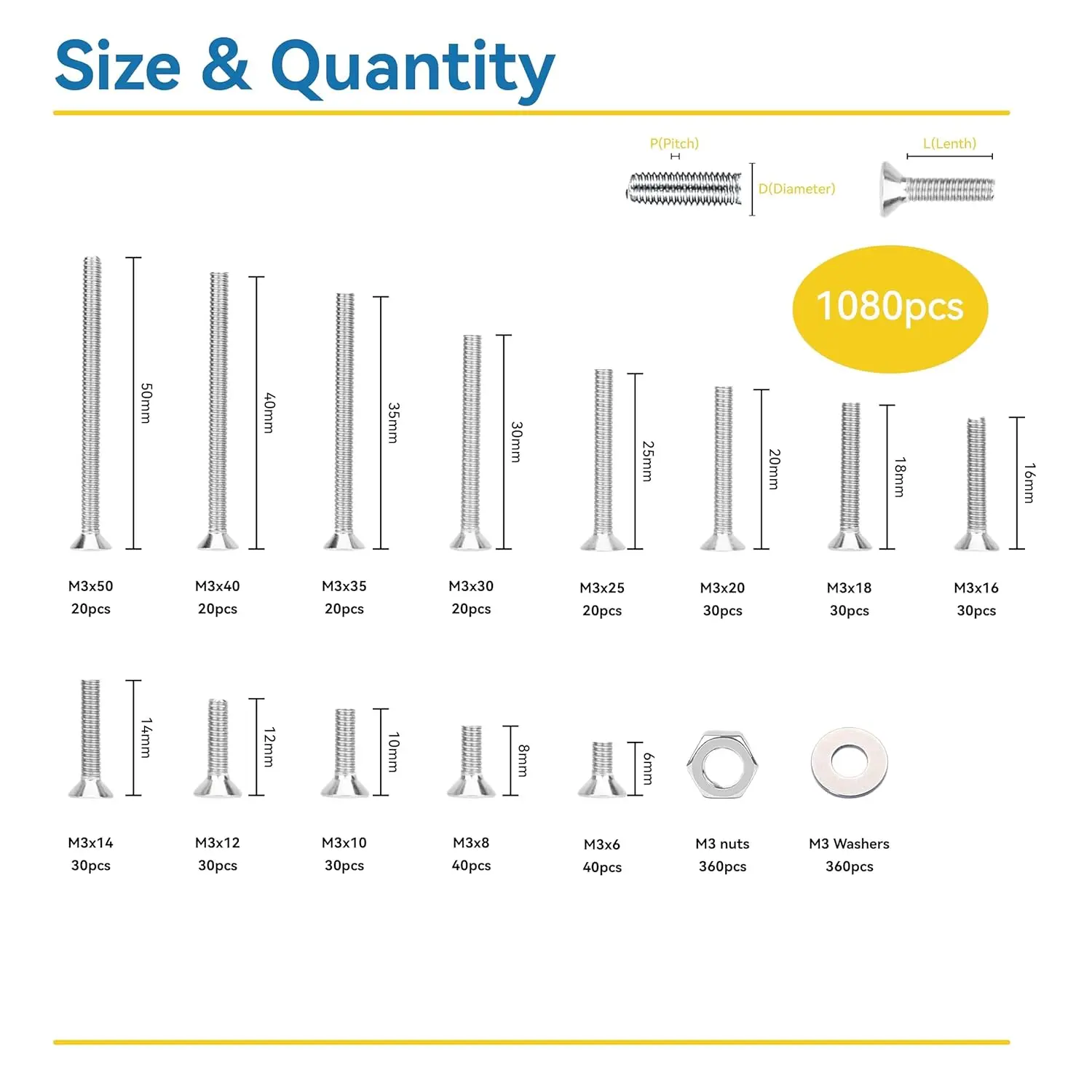 WZHUIDA 1080 Pcs M3 Screw Assortment, M3x6-50mm, Stainless Metric Hex Flat Head Countersunk Screws Nuts and Washers with Wrench