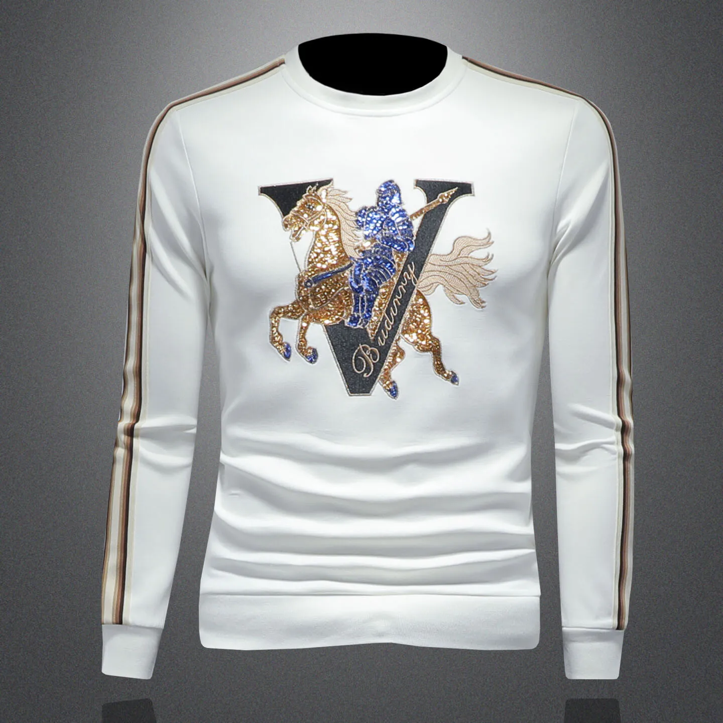 

Мужская толстовка с круглым вырезом и длинным рукавом, с вышивкой и пайетками, модная осенняя базовая футболка, повседневная, из смесового хлопка и полиэстера