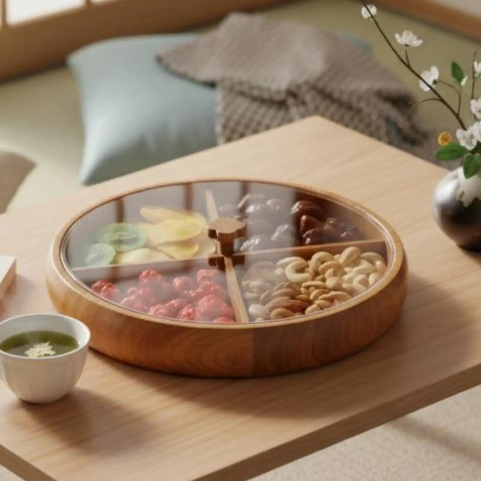 Acacia Wood Round Snack Tray with Lid Decorative Wooden Tray for Living Room Table Display and Home Gathering