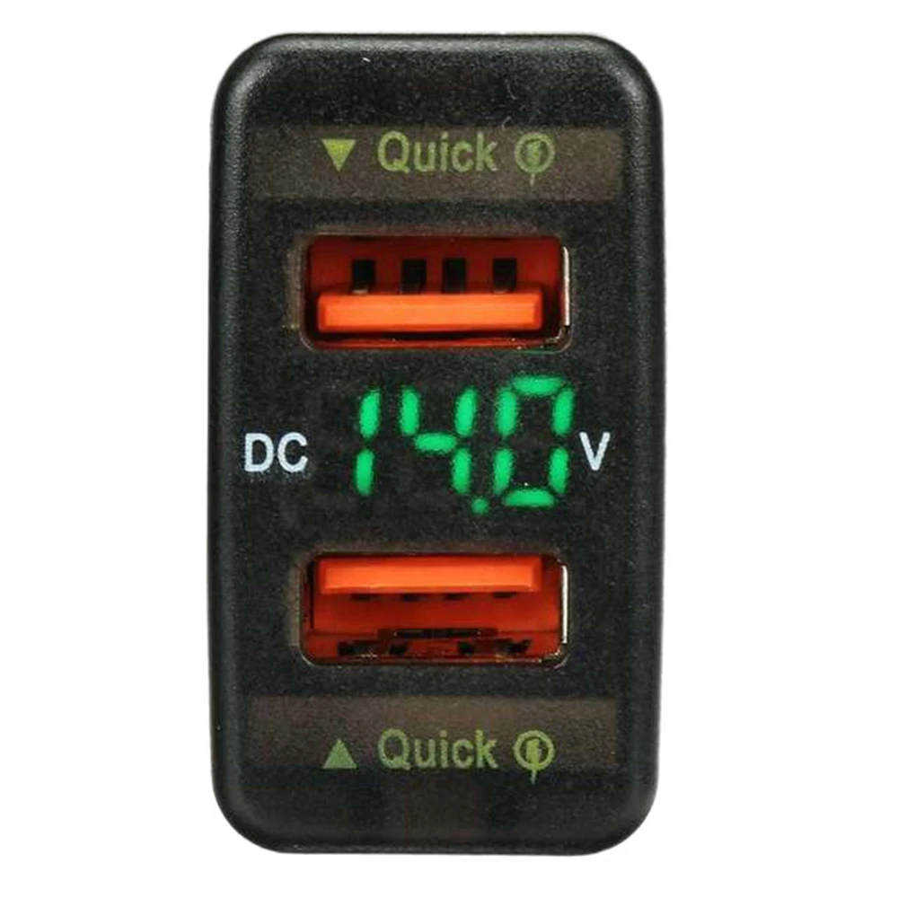 36W Car Fast Charger QC3.0 Adapter Dual USB Adapter Digital Display Voltmeter for Toyota Hiace Prado 22X44mm Green