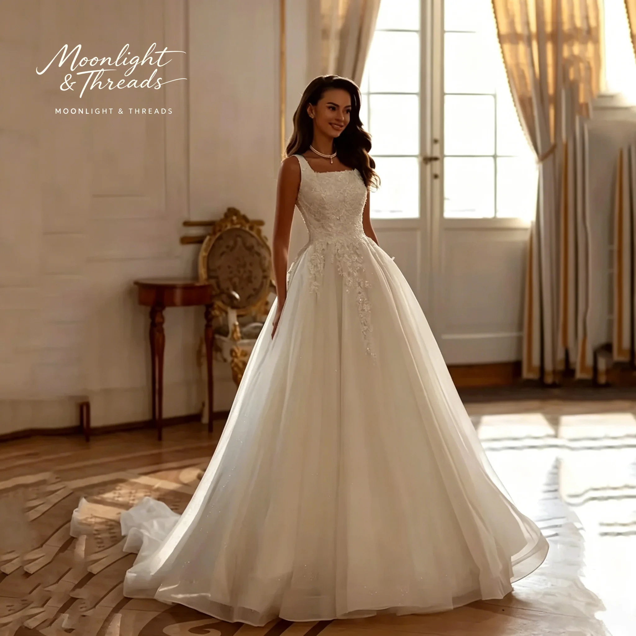 

Ivory lace strapless formal wedding gown with a full floor-length skirt and embroidery