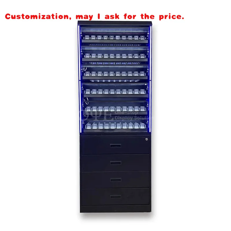 custom.Smoke Shop Fittings Cigarettes Shelves Display Stand with Storage Cabinet Led Lighting Store Ra