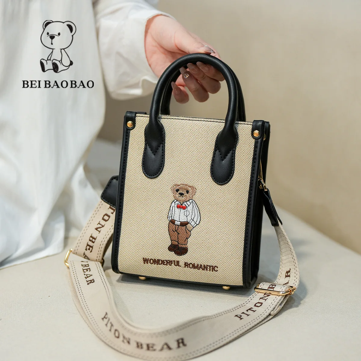 Beibaobao New 2024 Single Shoulder Crossbody Bag Universal Urban Embroidered Canvas Bear Bag Classic Women\'s Bag Handbag