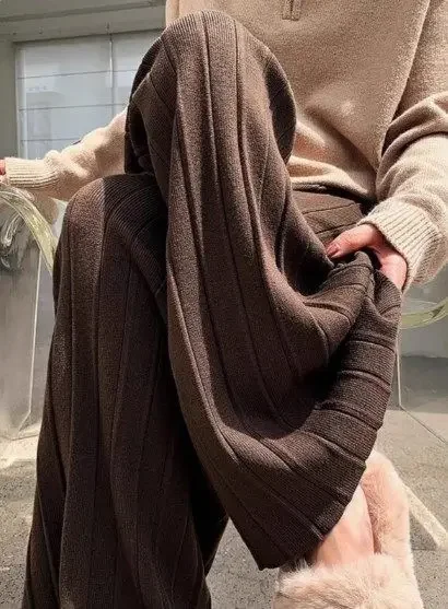 Weiche gestrickte Hose mit weitem Bein für Damen, lässig, gerader Schnitt, Herbst-Winter, hohe Taille, lange Hose, drapiert, bequem, lockere Passform