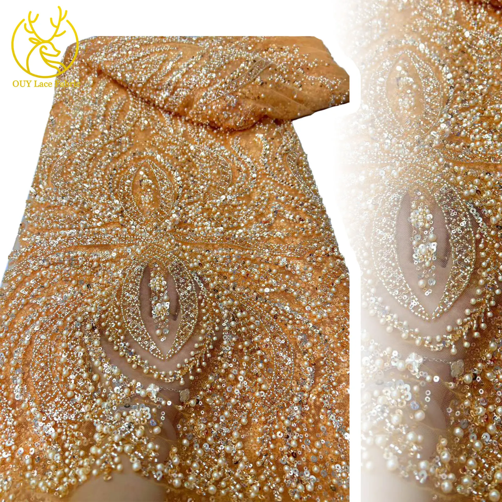 

African French Sequin Lace Fabric 2025 High Quality Nigerian Groom Embroidery Beaded Lace Dress Material For Party Sewing 5Yards