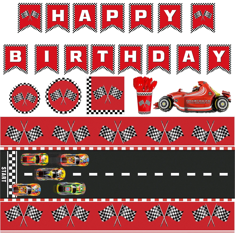 New Red Racing Car Theme Party Decoration and Table Accessories Disposable Tablecloth Tableware Kids Gift 600×2000cm Race Track