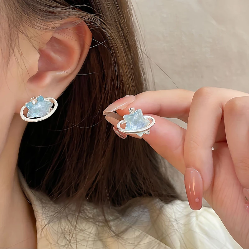 Blaue Kristalls tern Pentagramm Strass Planet Ohr stecker für Frauen süßen Charme trend ige Ohrringe ästhetischen Modeschmuck