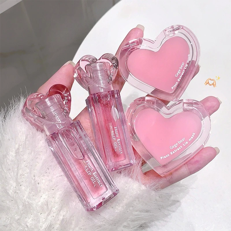 Pink Heart Lip Care Set Moisturizing Reduce Dry Wrinkles Transparent Tint Water Light Mirror Peach Lipstick Women Lips Makeup