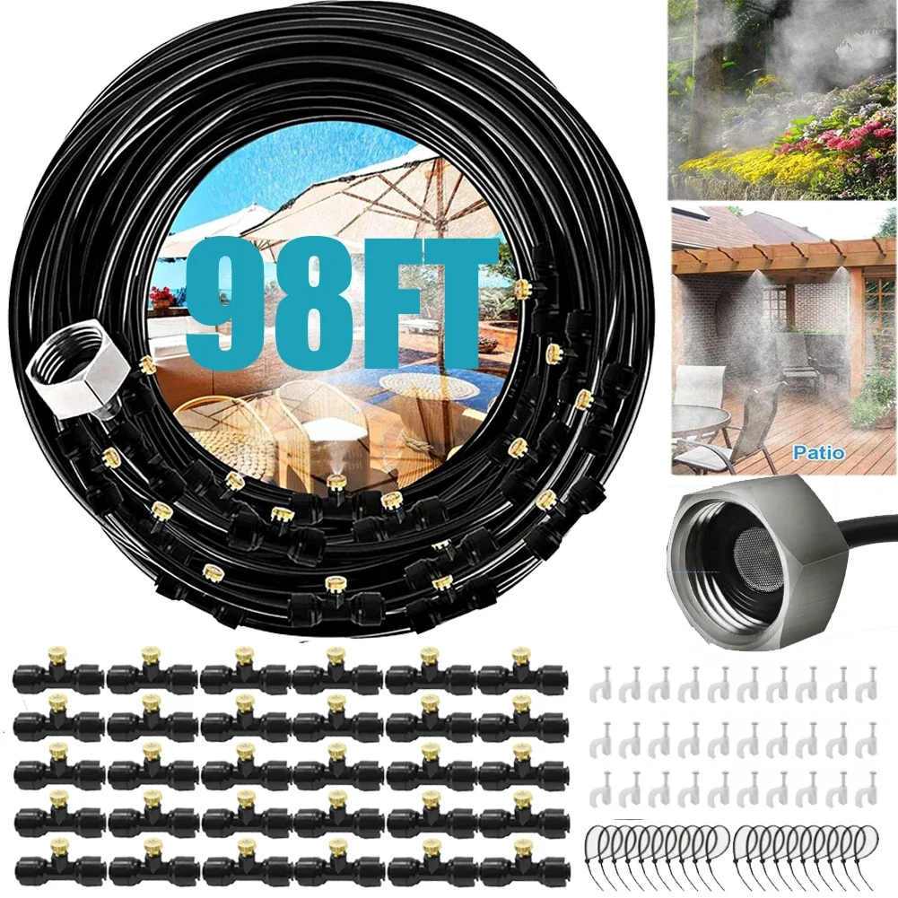 

Outdoor Water Spray Kit Misters for Outside Patio - 98FT Misting Cooling System with 30 Brass Nozzles Wet Fog Garden Nebulizer