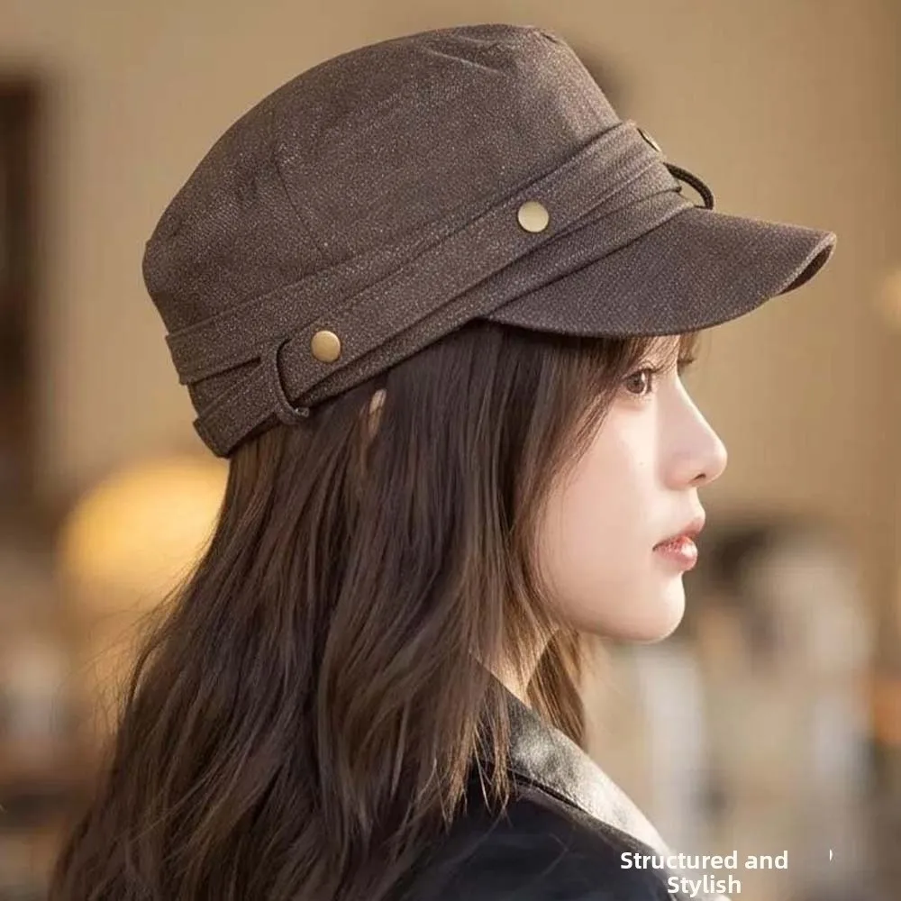 Washed Denim Denim Flat Hat Metal Button Flat Crown Retro Equestrian Cap Breathable Short Brim Vintage Visor Hat Weekend Outing