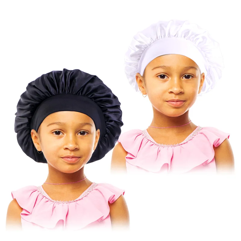 2PCS/LOT Kids Girls Boys Satin Night Sleep Cap Wide Band Elastic Turban Headwear Bonnet Hair Care Beanie Nightcap Scarf Bandana