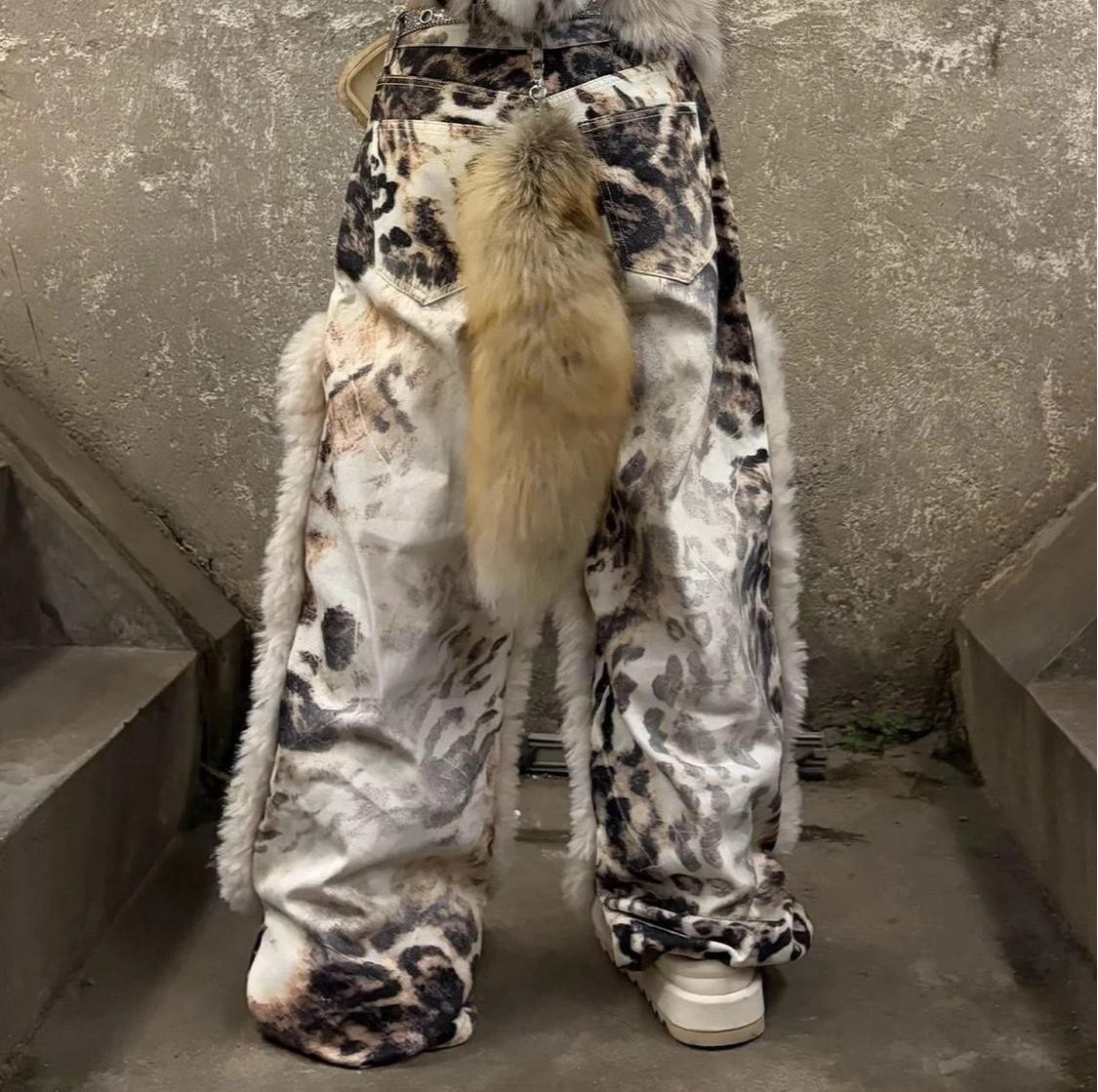 American retro jeans hot girl patchwork print leopard print street trousers personalized trendy wear loose floor-length jeans