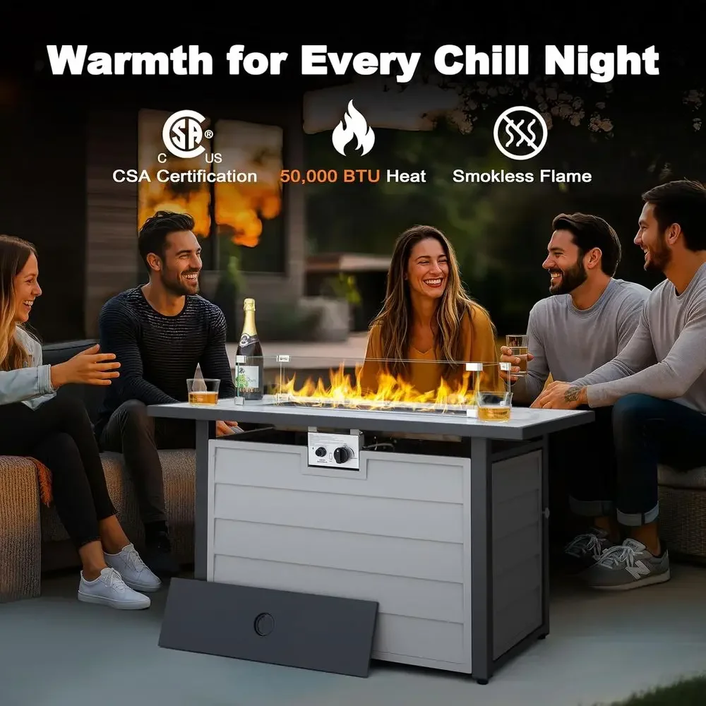 43 Outdoor Propane Fire Pit Table with 50,000 BTU, Marble Glass Top, CSA Certified, Wind Guard, Ivory White