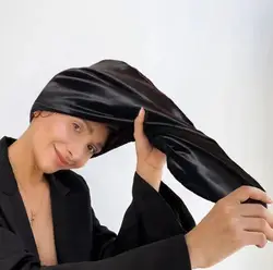 Black Simulated Silk Dry Hair Cap for Women with Long Hair, Absorbent Polyester Fiber Dry Hair Elastic Satin Hair Cap Shower Cap