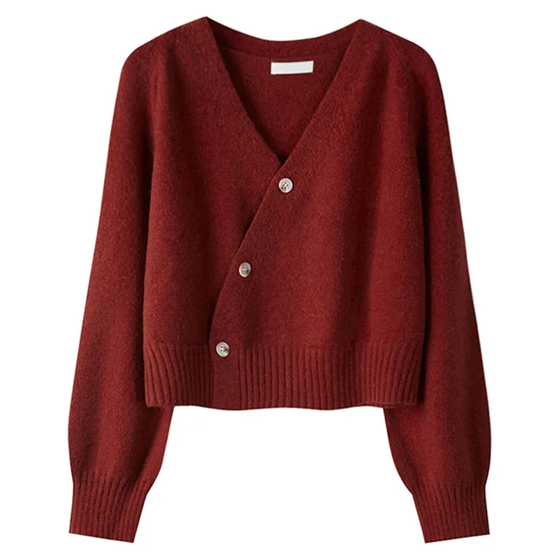 HELIAR Autumn Winter Skew Buttons Cardigan V-neck Sweater Women Knitted Long Sleeve Tops Korean Loose Solid Cashmere Sweater