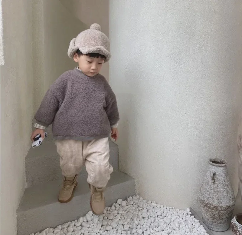 

Korean Style Toddlers Kids Thicken Corduroy Pants New Winter Pure Color Unisex Baby Children Loose Casual Trousers
