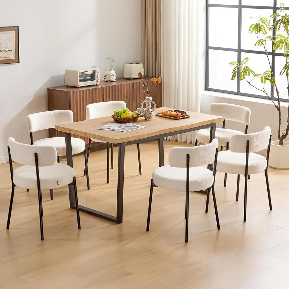 

Set of 6 Upholstered Dining Chairs with Curved Back, Black Metal Legs, White
