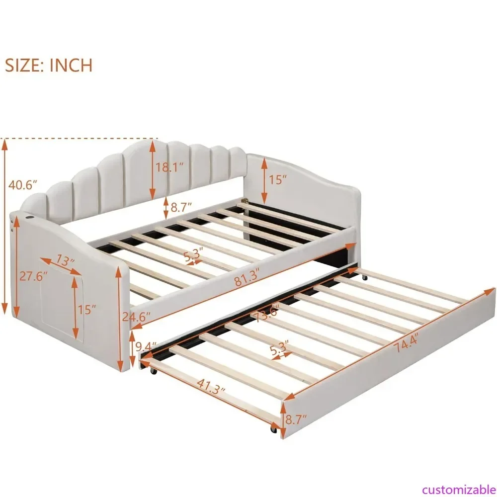 

Hot-sellingTwin Size Daybed with Storage Trundle and Velvet Tufted Backrest, Featuring USB Ports and Two Charging Stations