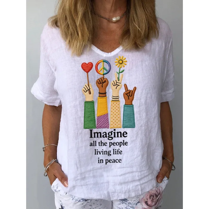 ilstile Women's Living Life in peace Print T-Shirts Summer Hippipe Short Sleeve Casual Loose V Neck Tops Tees White